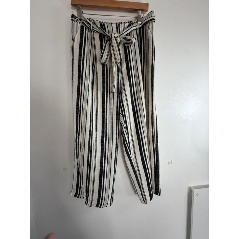 Women’s Black & White Striped Paperbag Tie Waist Wide Leg Pants Size M - Picture 3 of 10